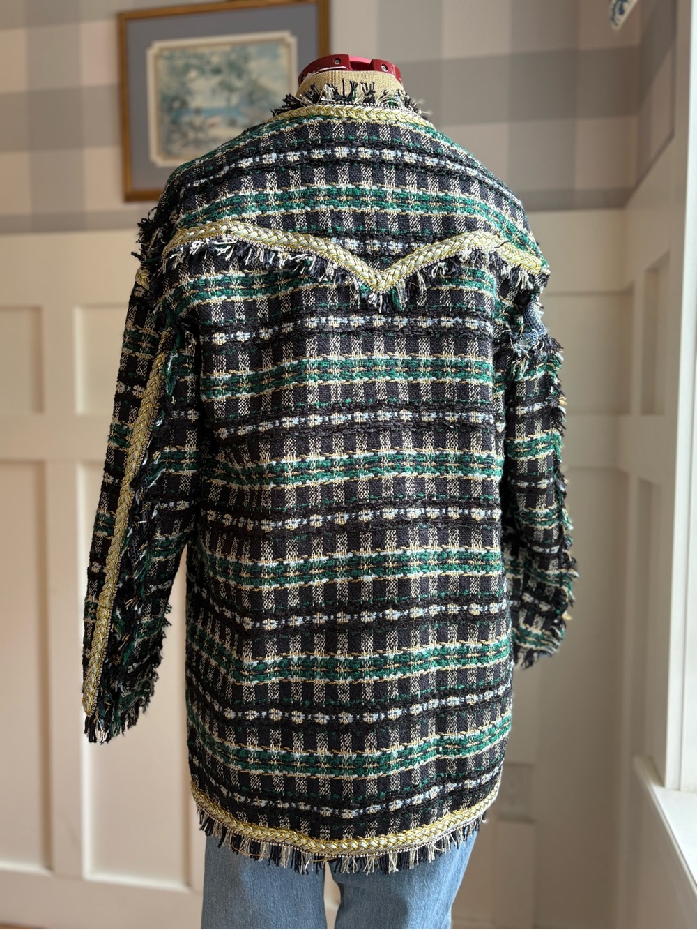 Fiona Chen Fringed Tweed Open Cardigan Jacket - Black, Green, Cream - Picture 4 of 11
